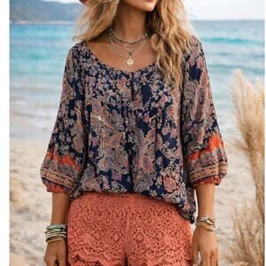 Bila Womens Peasant Blouse Paisley Floral Rayon Beachy Size Coastal Size XXL